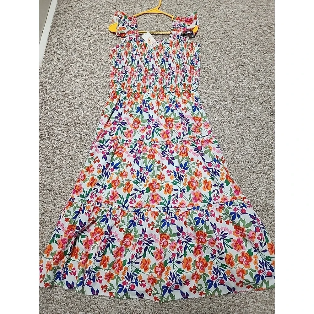 PrettyGarden Floral Smocked Midi‎ Dress Large Ruffle Sleeveless Multicolor NWT